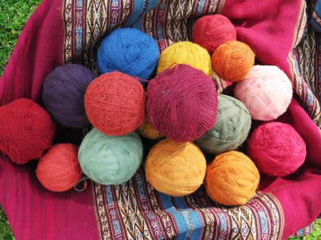 Natural dyed wool yarn in the peruvian Andes at Cuzco Peru