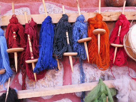 Natural dyed wool yarn in the peruvian Andes at Cuzco Peru