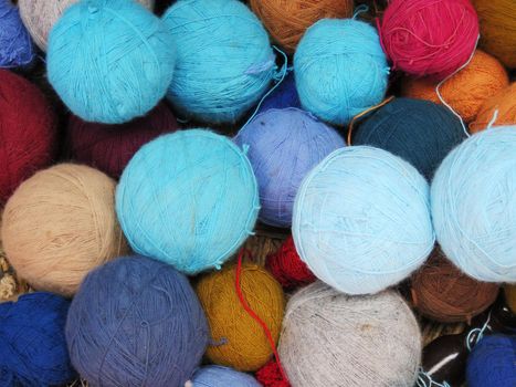 Natural dyed wool yarn in the peruvian Andes at Cuzco Peru