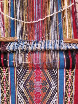 Natural dyed wool yarn in the peruvian Andes at Cuzco Peru