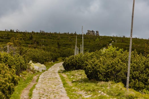 Long mountain trail with panorama of Karkonosze Giant Mountains around