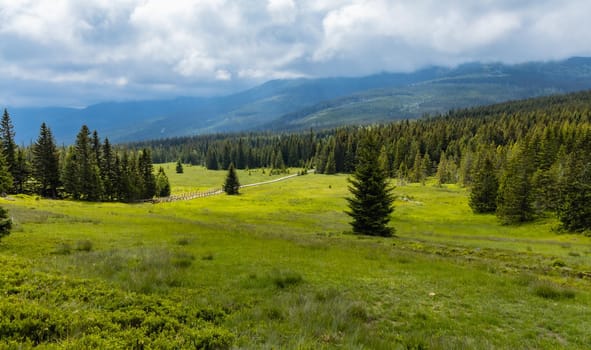 Panorama of Giant Mountains next to trail to Sniezka