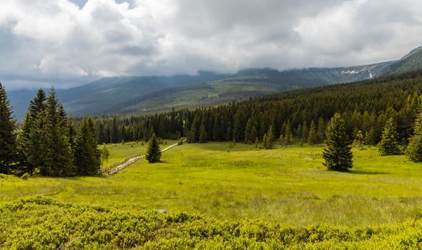 Panorama of Giant Mountains next to trail to Sniezka