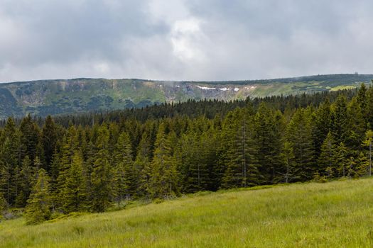 Panorama of Giant Mountains next to trail to Sniezka