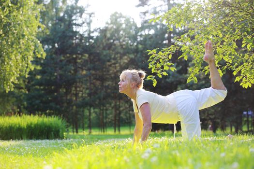 Beautiful mature woman practice yoga in summer park