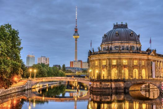 The Bode Museum, the Television Tower and the river Spree in Berlin at twilight