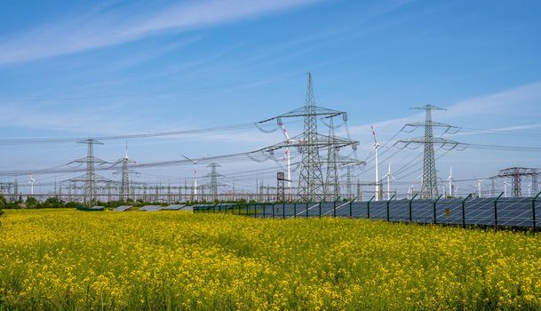 Solar panels, power lines and wind turbines seen in Germany