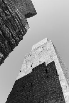 TUSCANIA -ITALY- August 2020 -two defense towers near San Pietro church in a bright sunny day-black and white photography