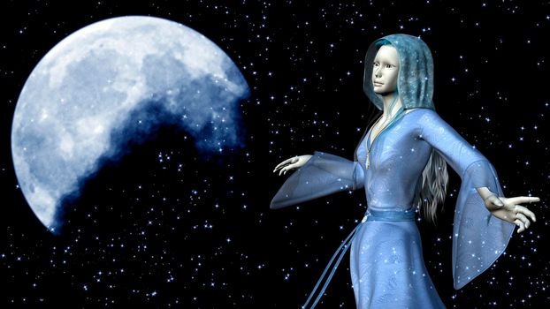 Elf witch woman in a magical night sky background - 3D rendering