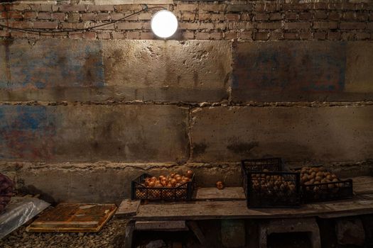 basement with few onion and potatoes storage in plastic boxes