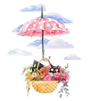 Cute illustration of cat with flowers in basket flying under umbrella in cloudy sky. Drawing by watercolor.