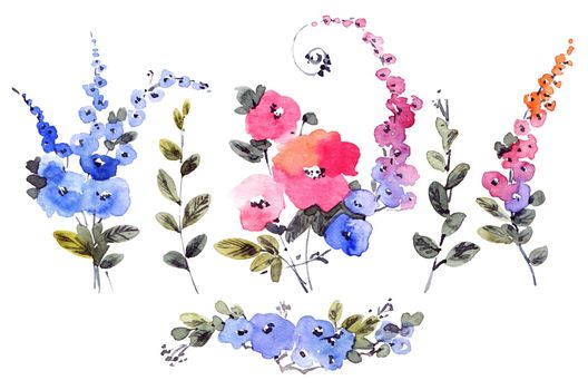 Beautiful flowers painted by watercolor. Set of flowers and little bouquets.