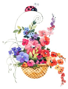 Cute illustration of flowers in basket and ladybug. Design for greeting card. Drawing by watercolor.