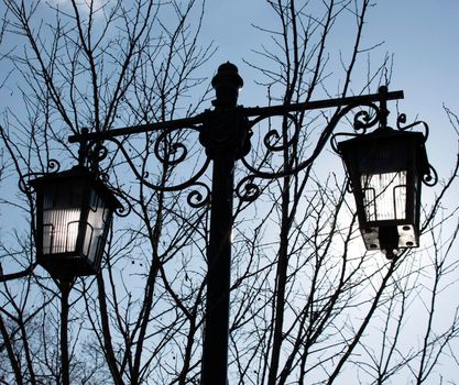 Street lamp against the background of a blossoming spring tree and blue sky.