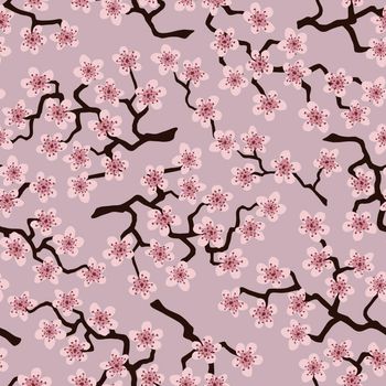 Seamless pattern with blossoming Japanese cherry sakura branches for fabric,packaging,wallpaper,textile decor,design, invitations,cards,print,gift wrap,manufacturing.Pink flowers on pink background