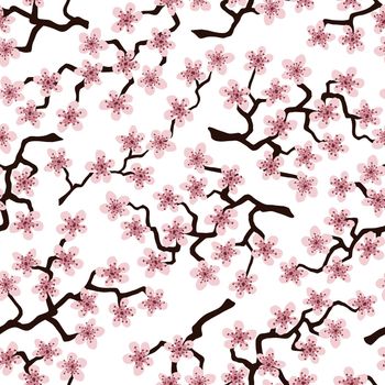 Seamless pattern with blossoming Japanese cherry sakura branches for fabric,packaging,wallpaper,textile decor,design, invitations,cards,print,gift wrap,manufacturing.Pink flowers on white background