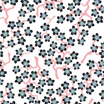Seamless pattern with blossoming Japanese cherry sakura branches for fabric,packaging,wallpaper,textile decor,design, invitations,cards,print,gift wrap,manufacturing.Black flowers on white background
