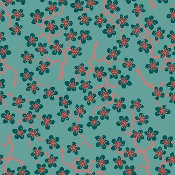Seamless pattern with blossoming Japanese cherry sakura branches for fabric,packaging,wallpaper,textile decor,design, invitations,print,gift wrap,manufacturing.Turquoise flowers on azure background