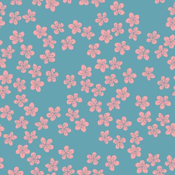 Seamless pattern with blossoming Japanese cherry sakura flowers for fabric,packaging,wallpaper,textile decor,design, invitations,cards,print,gift wrap,manufacturing.Pink flowers on azure background