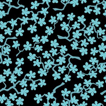 Seamless pattern with blossoming Japanese cherry sakura branches for fabric,packaging,wallpaper,textile decor,design, invitations,cards,print,gift wrap,manufacturing.Azure flowers on black background