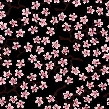 Seamless pattern with blossoming Japanese cherry sakura branches for fabric,packaging,wallpaper,textile decor,design, invitations,cards,print,gift wrap,manufacturing.Pink flowers on black background