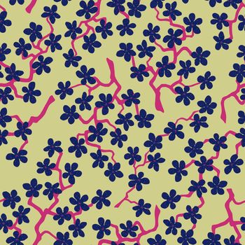 Seamless pattern with blossoming Japanese cherry sakura branches for fabric,packaging,wallpaper,textile decor,design, invitations,cards,print,gift wrap,manufacturing.Blue flowers on beige background