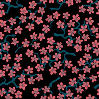 Seamless pattern with blossoming Japanese cherry sakura branches for fabric,packaging,wallpaper,textile decor,design, invitations,cards,print,gift wrap,manufacturing.Pink flowers on black background