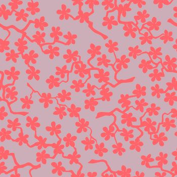Seamless pattern with blossoming Japanese cherry sakura branches for fabric,packaging,wallpaper,textile decor,design, invitations,cards,print,gift wrap,manufacturing.Coral flowers on pink background