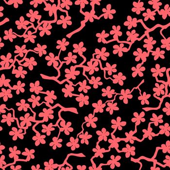 Seamless pattern with blossoming Japanese cherry sakura branches for fabric,packaging,wallpaper,textile decor,design, invitations,cards,print,gift wrap,manufacturing.Coral flowers on black background