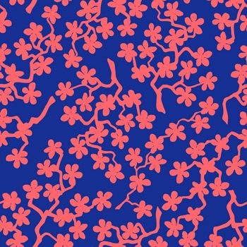 Seamless pattern with blossoming Japanese cherry sakura branches for fabric,packaging,wallpaper,textile decor,design, invitations,cards,print,gift wrap,manufacturing.Coral flowers on azure background