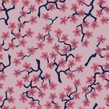 Seamless pattern with blossoming Japanese cherry sakura branches for fabric,packaging,wallpaper,textile decor,design, invitations,cards,print,gift wrap,manufacturing.Pink flowers on pink background