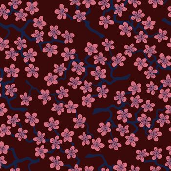 Seamless pattern with blossoming Japanese cherry sakura branches for fabric,packaging,wallpaper,textile decor,design, invitations,print,gift wrap,manufacturing.Pink flowers on burgundy background