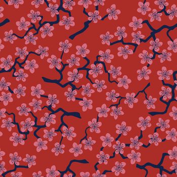 Seamless pattern with blossoming Japanese cherry sakura branches for fabric,packaging,wallpaper,textile decor,design, invitations,cards,print,gift wrap,manufacturing.Pink flowers on brown background