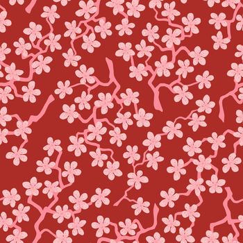 Seamless pattern with blossoming Japanese cherry sakura branches for fabric,packaging,wallpaper,textile decor,design, invitations,cards,print,gift wrap,manufacturing.Pink flowers on brown background