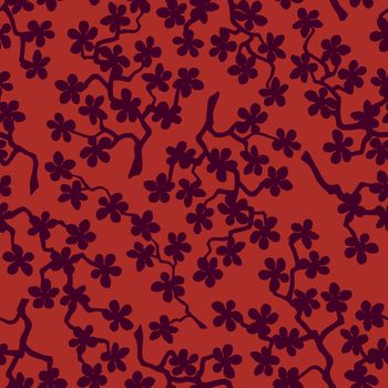 Seamless pattern with blossoming Japanese cherry sakura branches for fabric,packaging,wallpaper,textile decor,design, invitations,print,gift wrap,manufacturing.Burgundy flowers on brown background