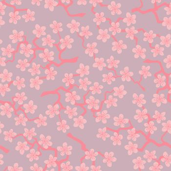 Seamless pattern with blossoming Japanese cherry sakura branches for fabric,packaging,wallpaper,textile decor,design, invitations,cards,print,gift wrap,manufacturing.Pink flowers on lilac background