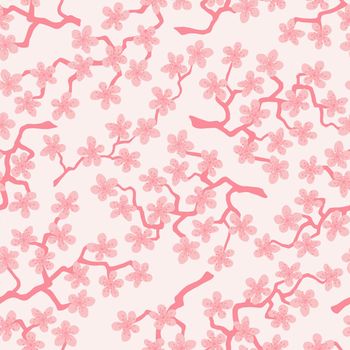 Seamless pattern with blossoming Japanese cherry sakura branches for fabric,packaging,wallpaper,textile decor,design, invitations,cards,print,gift wrap,manufacturing.Pink flowers on pink background