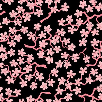 Seamless pattern with blossoming Japanese cherry sakura branches for fabric,packaging,wallpaper,textile decor,design, invitations,cards,print,gift wrap,manufacturing.Pink flowers on black background