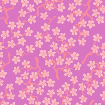 Seamless pattern with blossoming Japanese cherry sakura branches for fabric,packaging,wallpaper,textile decor,design, invitations,cards,print,gift wrap,manufacturing.Pink flowers on lilac background