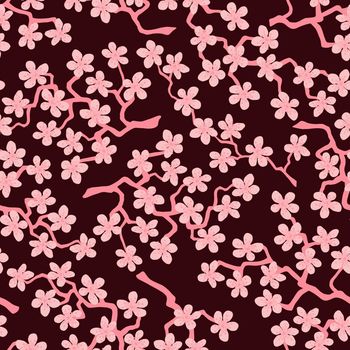 Seamless pattern with blossoming Japanese cherry sakura branches for fabric,packaging,wallpaper,textile decor,design, invitations,print,gift wrap,manufacturing.Coral flowers on burgundy background