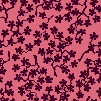 Seamless pattern with blossoming Japanese cherry sakura branches for fabric,packaging,wallpaper,textile decor,design, invitations,print,gift wrap,manufacturing.Burgundy flowers on mauve background