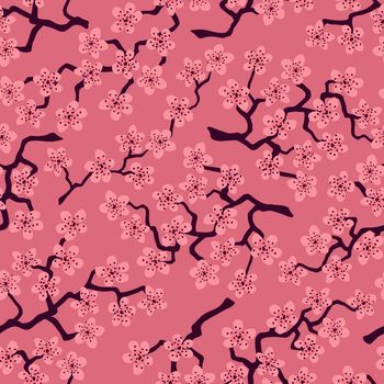 Seamless pattern with blossoming Japanese cherry sakura branches for fabric,packaging,wallpaper,textile decor,design, invitations,cards,print,gift wrap,manufacturing.Mauve flowers on mauve background