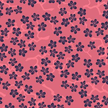 Seamless pattern with blossoming Japanese cherry sakura branches for fabric,packaging,wallpaper,textile decor,design, invitations,cards,print,gift wrap,manufacturing.Blue flowers on mauve background