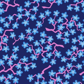 Seamless pattern with blossoming Japanese cherry sakura branches for fabric,packaging,wallpaper,textile decor,design, invitations,print,gift wrap,manufacturing.Heavenly flowers on blue background