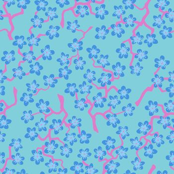 Seamless pattern with blossoming Japanese cherry sakura branches for fabric,packaging,wallpaper,textile decor,design, invitations,print,gift wrap,manufacturing.Azure flowers on heavenly background