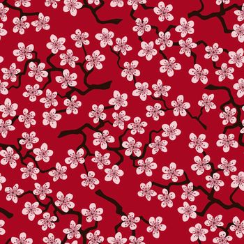 Seamless pattern with blossoming Japanese cherry sakura branches for fabric,packaging,wallpaper,textile decor,design, invitations,cards,print,gift wrap,manufacturing.Pink flowers on red background
