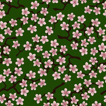 Seamless pattern with blossoming Japanese cherry sakura branches for fabric,packaging,wallpaper,textile decor,design, invitations,cards,print,gift wrap,manufacturing.Pink flowers on green background