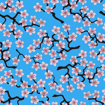 Seamless pattern with blossoming Japanese cherry sakura branches for fabric,packaging,wallpaper,textile,design, invitations,cards,print,gift wrap,manufacturing.Pink flowers on heavenly background