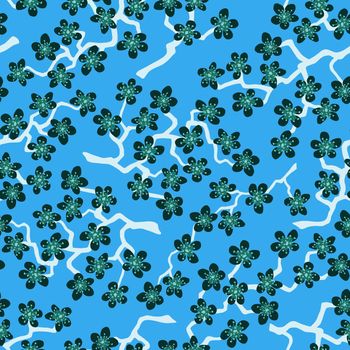 Seamless pattern with blossoming Japanese cherry sakura branches for fabric,packaging,wallpaper,textile,design, invitations,cards,print,gift wrap,manufacturing.Turquoise flowers on heavenly background