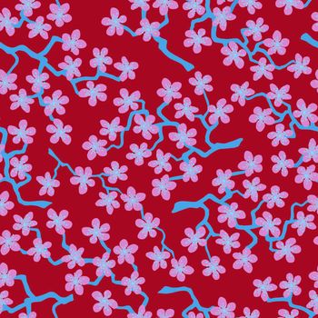 Seamless pattern with blossoming Japanese cherry sakura branches for fabric,packaging,wallpaper,textile ,design, invitations,cards,print,gift wrap,manufacturing.Pink flowers on burgundy background
